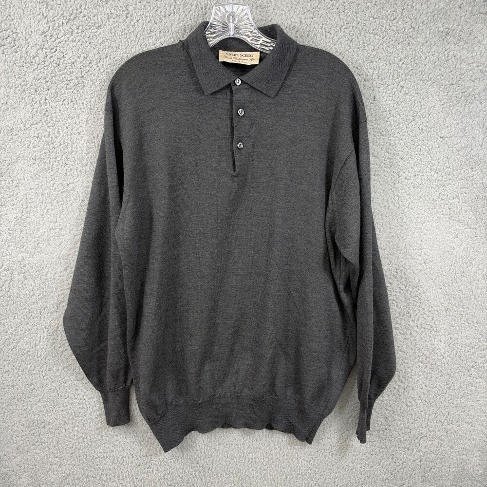 Gran Sasso Polo Sweater Men L Charcoal Gray Wool Silk Cashmere Long Sleeve Italy